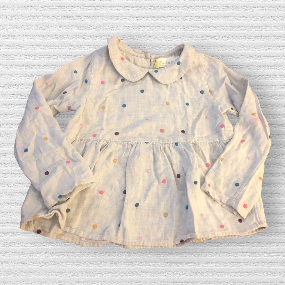 Mini Boden Embroidered Polka Dot Blouse 4/5 Peter Pan Collar Gray